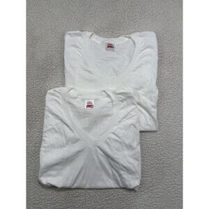 2 Vtg BVD Mens White V Neck T-Shirts Cotton Size Large (42-44) 90s Single Stitch